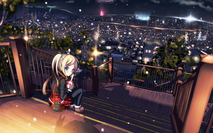 Anime Girls, City, Night, View, Lights, 1920x1200, HD wallpaper