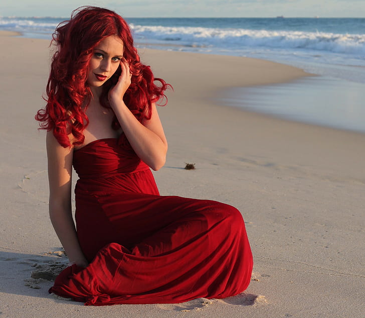 dress, women outdoors, model, beach, redhead, HD wallpaper