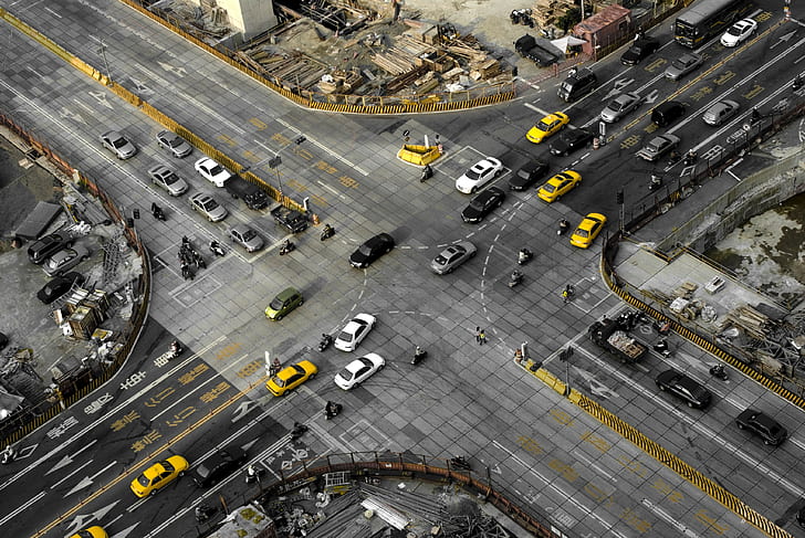 traffic, selective coloring, gray, urban, yellow, taxi, aerial view