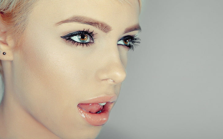 woman face, women, blonde, blue eyes, closeup, open mouth, licking lips, HD wallpaper