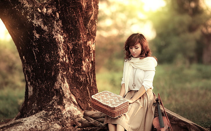 Asian girl, violin, music, sunset