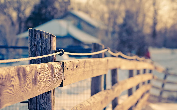 brown wooden fence, vintage, winter, depth of field, metal, focus on foreground