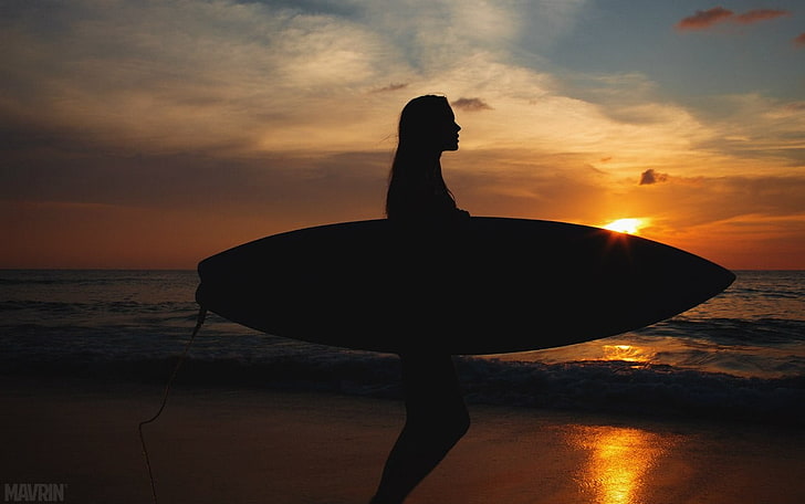 long surfboard and golden ksy, Aleksandr Mavrin, surfers, surfing, HD wallpaper