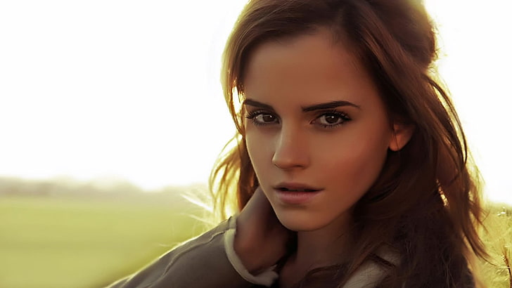 women's gray top, Emma Watson, looking at viewer, actress, portrait, HD wallpaper