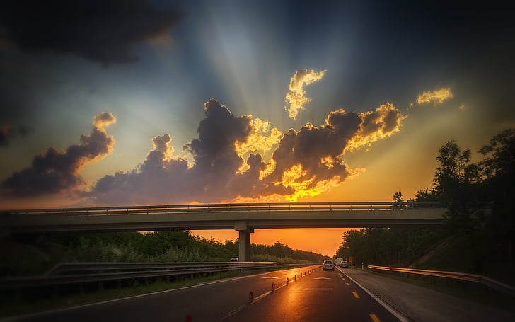 clouds, freeway, highway, overpass, road, sunset, HD wallpaper