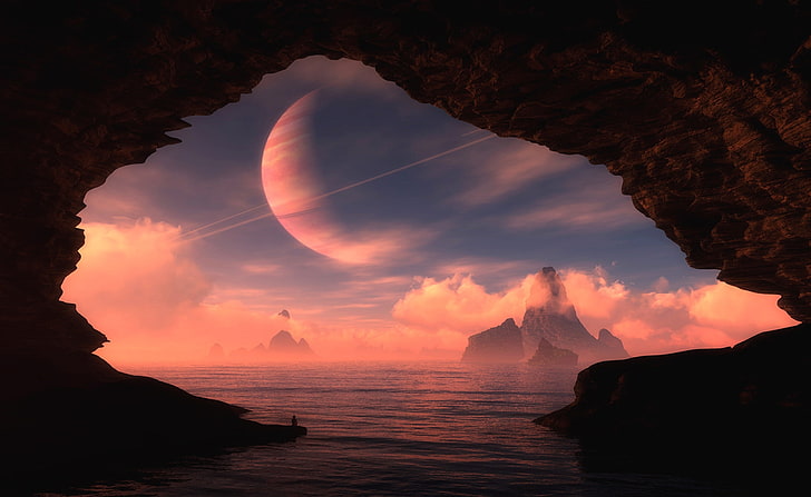 Cave Entrance, blue and pink planet, Artistic, 3D, sea, water, HD wallpaper