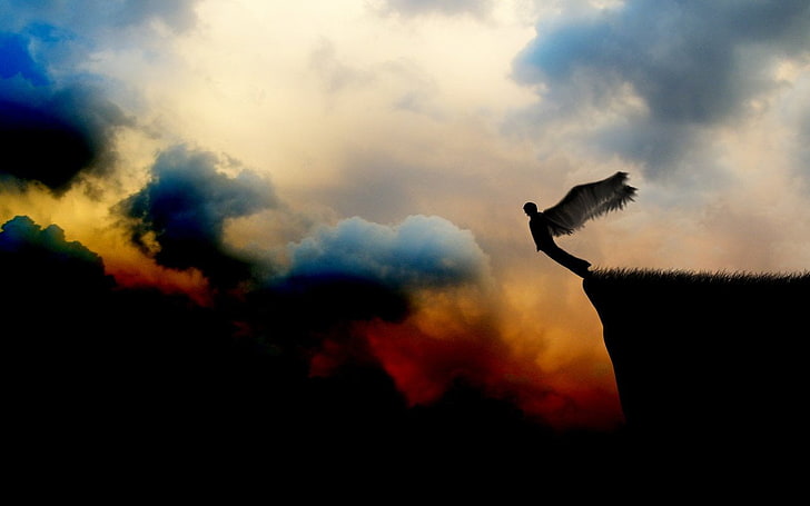 silhouette of fallen angel illustration, Dark, animal, cloud - sky, HD wallpaper