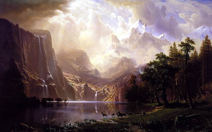 Bierstadt dramatic Among the Sierra Nevada Mountains Nature Mountains HD Art, HD wallpaper