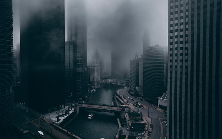 gray high-rise building, city, skyscraper, mist, skyline, Chicago, HD wallpaper