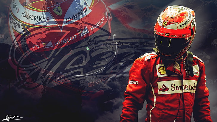 red Santander race suit, Kimi Raikkonen, Ferrari, Formula 1, sport