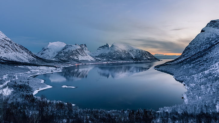 lake surrounded by mountains, winter, sky, nature, landscape, HD wallpaper