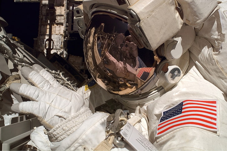 white U.S.A. space suit, universe, helmet, American flag, NASA, HD wallpaper