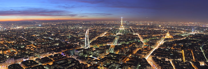 cityscape, Paris, panorama, city lights, sunset, Eiffel Tower, HD wallpaper