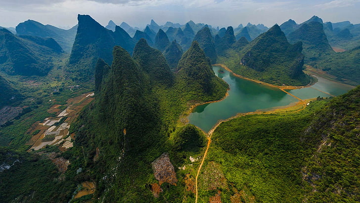green mountains, river, China, Guilin and Lijiang River National Park, HD wallpaper