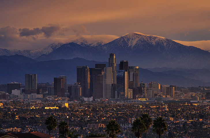 city buildings, mountains, the city, sunrise, morning, CA, Los Angeles, HD wallpaper
