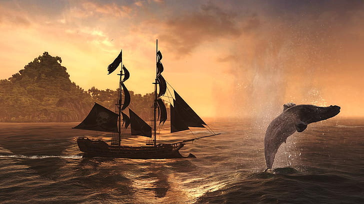 Assassin's Creed Ship Sail Ship Schooner Whale Ocean Island HD, gray whale and brown battleship wallpaper