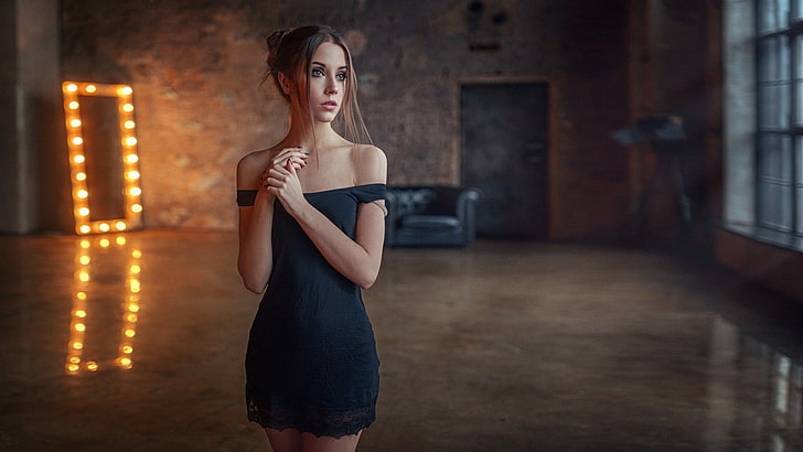 women's black off-shoulder mini dress, Ksenia Kokoreva, Georgy Chernyadyev