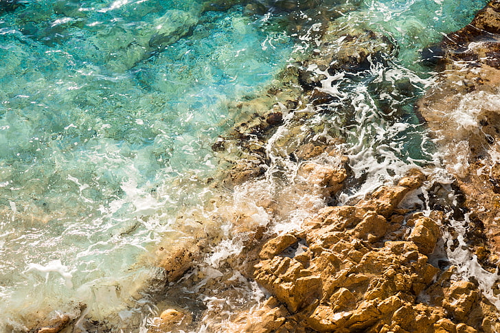 beige stone boulders, water, rocks, sea, waves, nature, full frame, HD wallpaper
