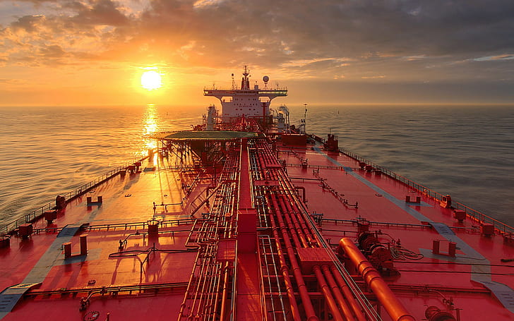 Ship Tanker, SIZE, Red, distance, horizon, sky, clouds, sunrise, HD wallpaper