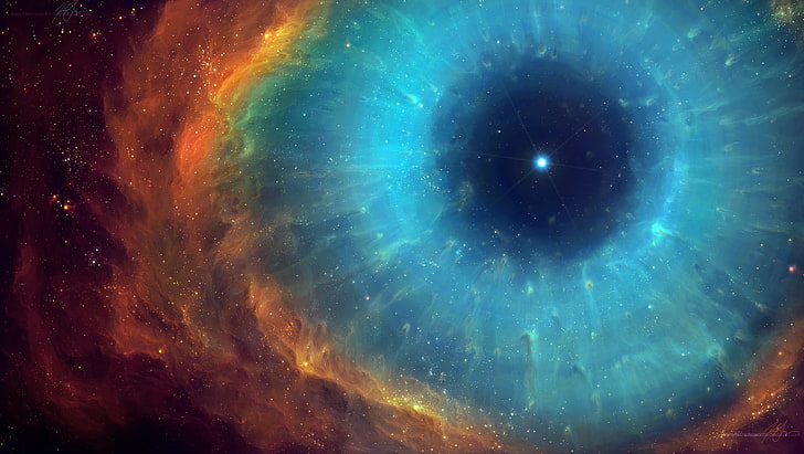 teal and orange galaxy, universe, eyes, nebula, helix nebula, HD wallpaper