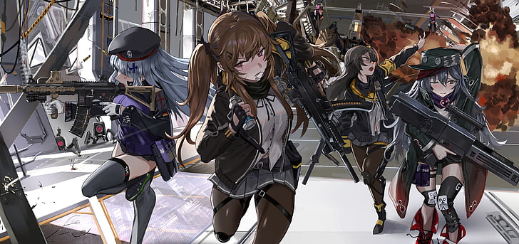 group of girls anime character, explosion, girls with guns, black stockings