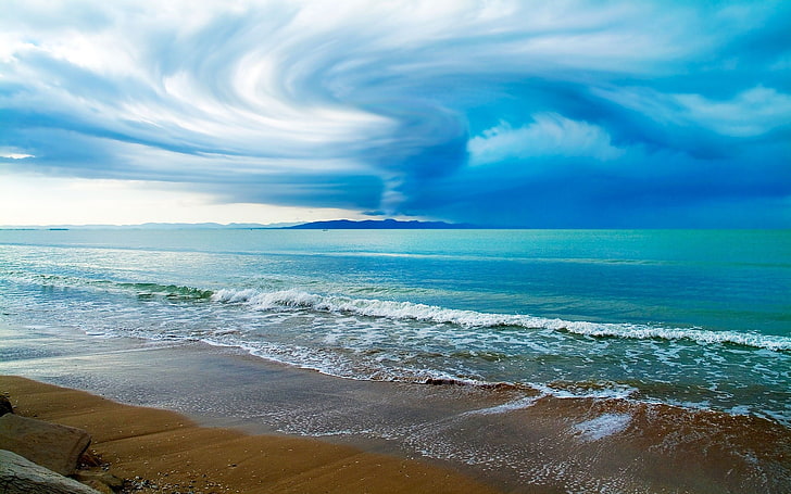 cloud and seashore photography, tornado, beach, coast, clouds, HD wallpaper