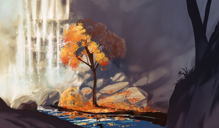 brown leafed tree painting, untitled, digital art, nature, trees, HD wallpaper