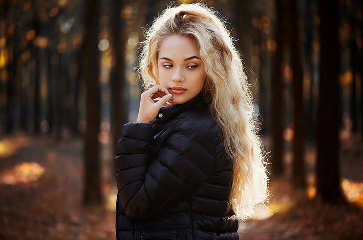 women, model, forest, blonde, women outdoors, portrait, jacket, HD wallpaper
