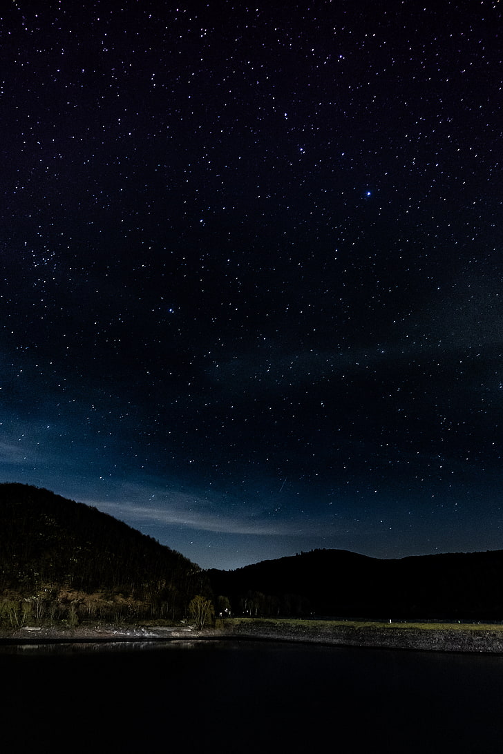 body of water, starry sky, stars, trees, night, eifel national park, HD wallpaper