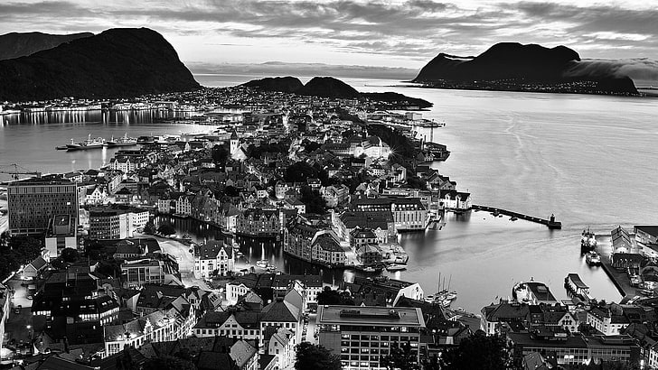 grayscale photo of city buildings, Norway, landscape, monochrome