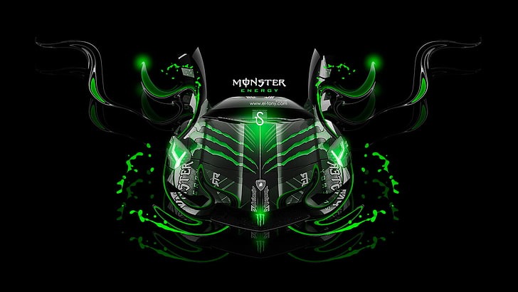 green Monster Energy illustration, Black, Lamborghini, Neon, Background, HD wallpaper