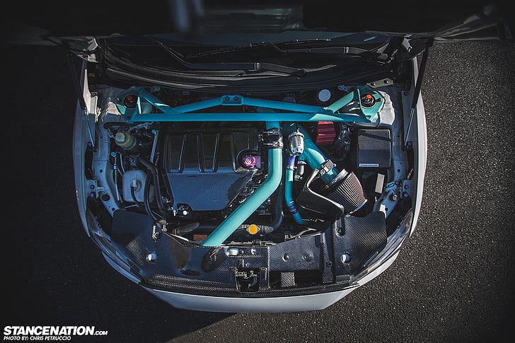 blue and black car engine bay, Mitsubishi Lancer Evo X, evolution, HD wallpaper