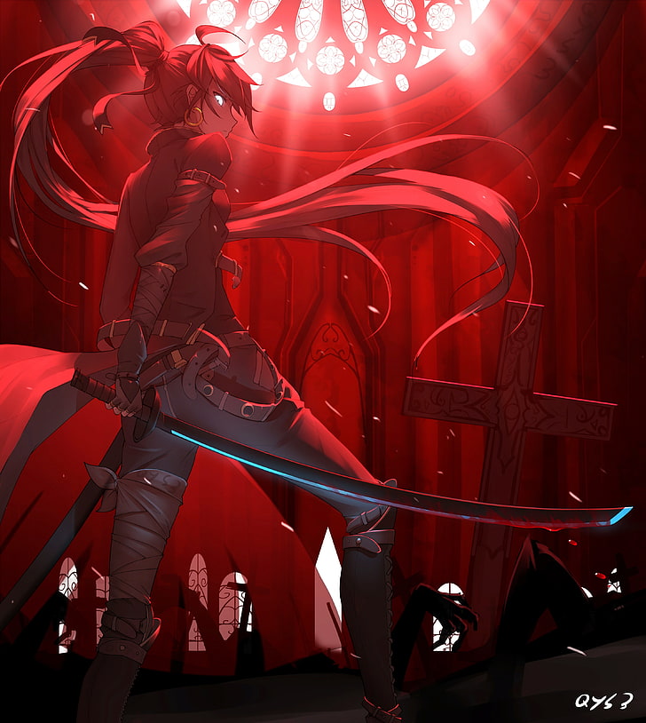 anime girl, sword, back view, dark theme, red, people, occupation