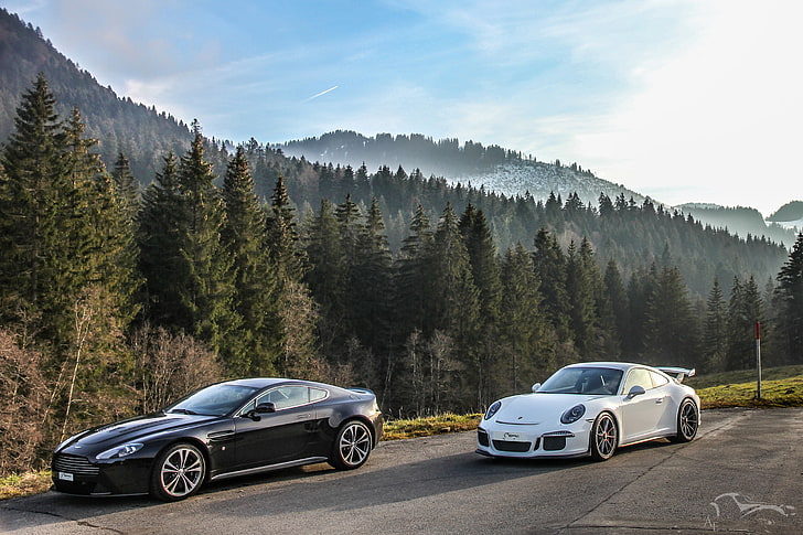 two black and white coupes, car, Porsche, Porsche 911 GT3, Aston Martin