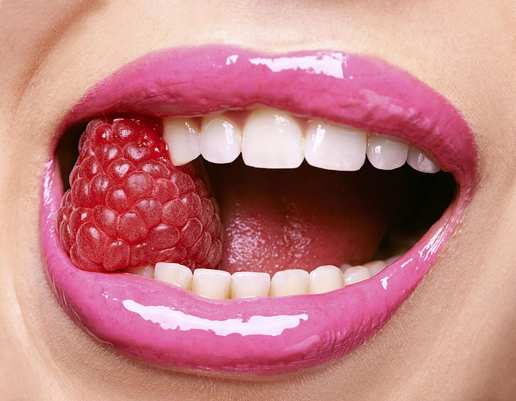 pink lipstick, fruit, open mouth, macro, red berries, food, raspberries, HD wallpaper