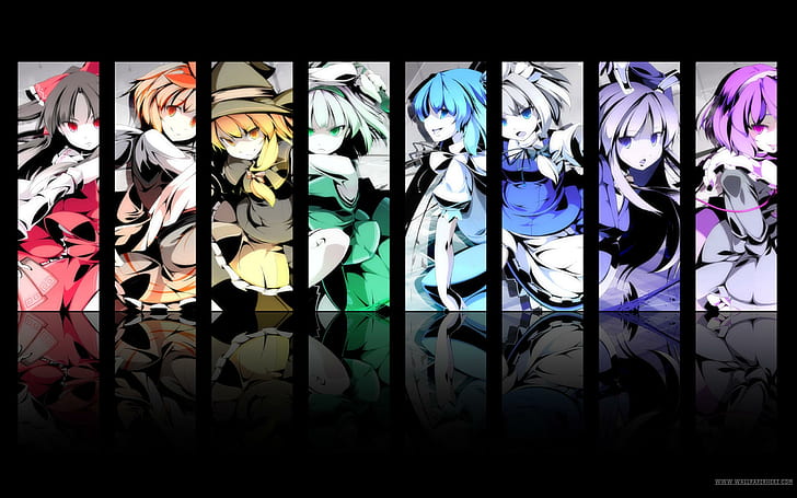 Touhou project, rainbow-colors, colorful, girls, logo, dark, anime, HD wallpaper