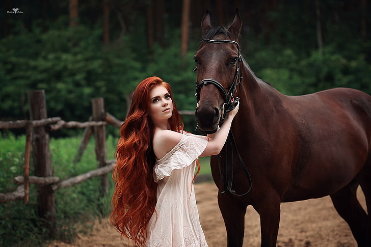 horse, bare shoulders, redhead, wavy hair, Dmitry Arhar, no bra