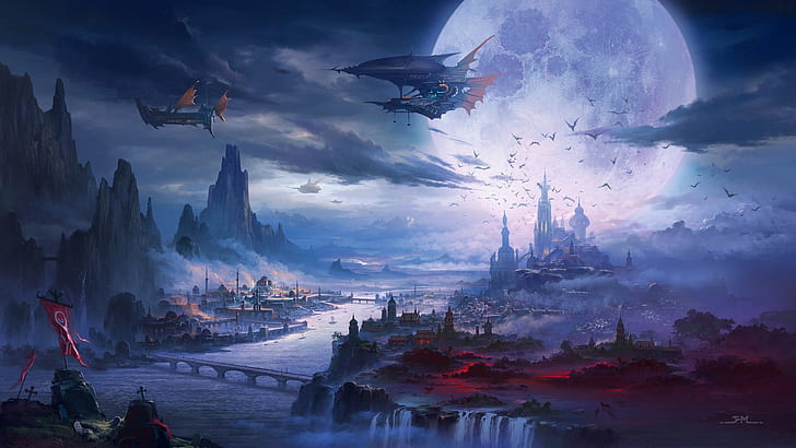 Sci Fi, Steampunk, City, Landscape, Moon, Night, Vehicle, HD wallpaper