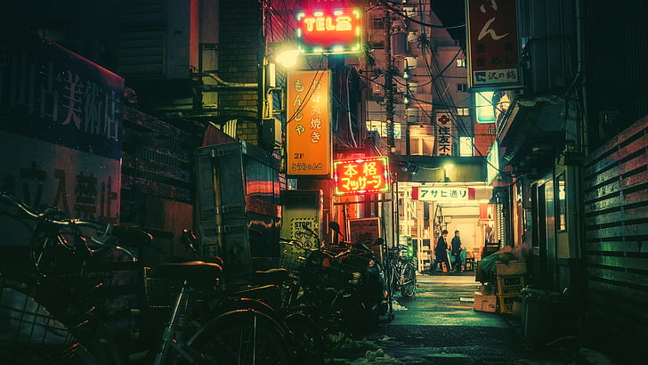 bicycle lot, Tokyo, Japanese, neon, night, street, urban Scene, HD wallpaper