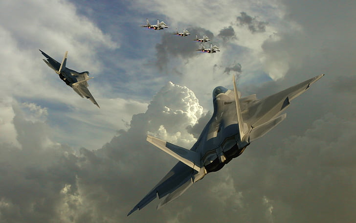 F-22 Raptor, mig-29, jet fighter, dogfight, HD wallpaper