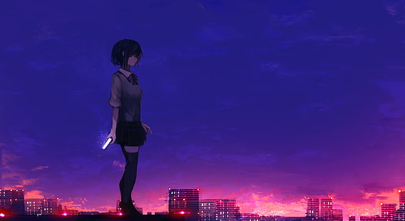 HD wallpaper: anime girl, rooftop, buildings, sunset, school uniform,  scenic | Wallpaper Flare