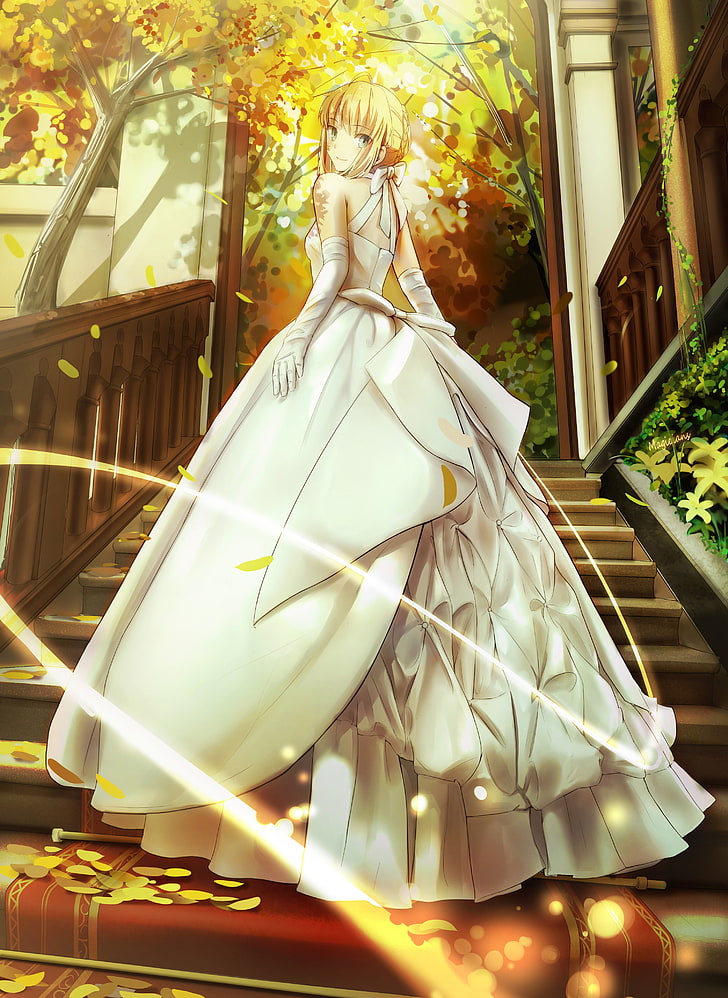 HD wallpaper: yellow haired female in wedding gown anime character poster,  Saber | Wallpaper Flare