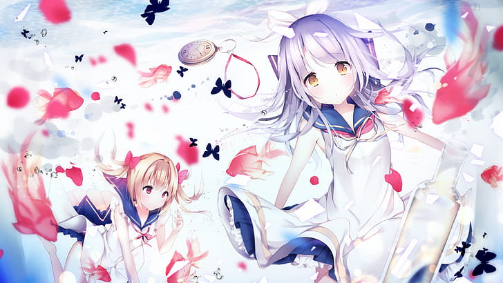 white, red petals, anime girls, purple hair, pink fishes, black butterflies