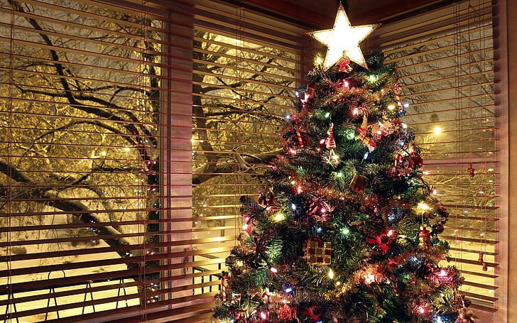 green and red Christmas tree, christmas lights, Christmas ornaments