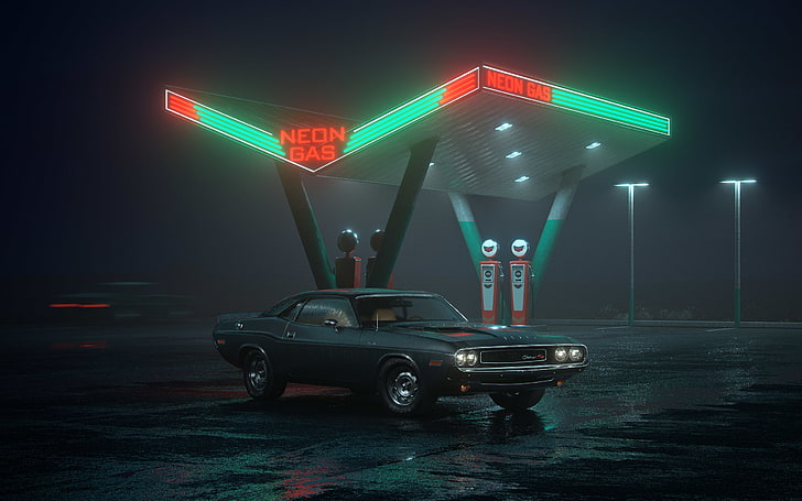 neon, car, Dodge Challenger RT, gas stations