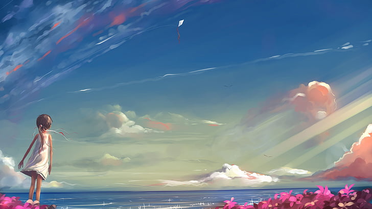 anime, sea, sky, beach, water, landscape, ocean, sunset, clouds