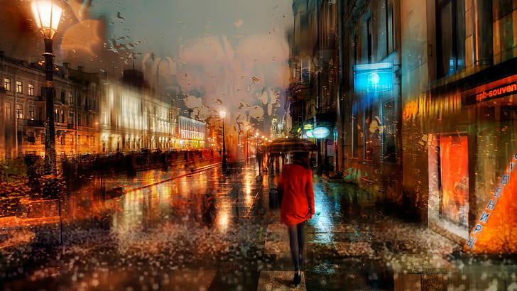 woman with umbrella painting, rain, illuminated, wet, architecture