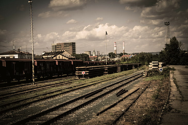 train, train station, old, rail yard, sky, clouds, Pripyat, HD wallpaper