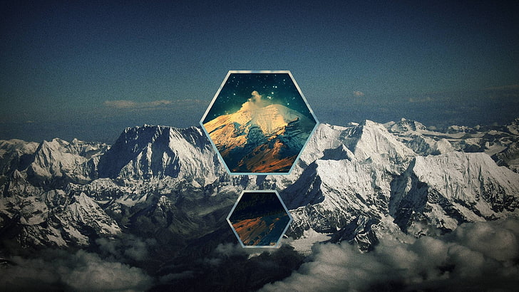 gray valleys at nighttime, mountains, hexagon, digital art, snow