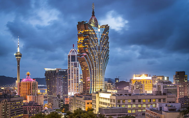 Macau, China, hotel, skyscraper, building, night city skyline, HD wallpaper